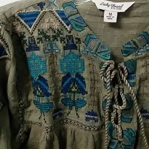 Lucky Brand Olive Blouse with Blue Embroidery - Picture 3 of 6